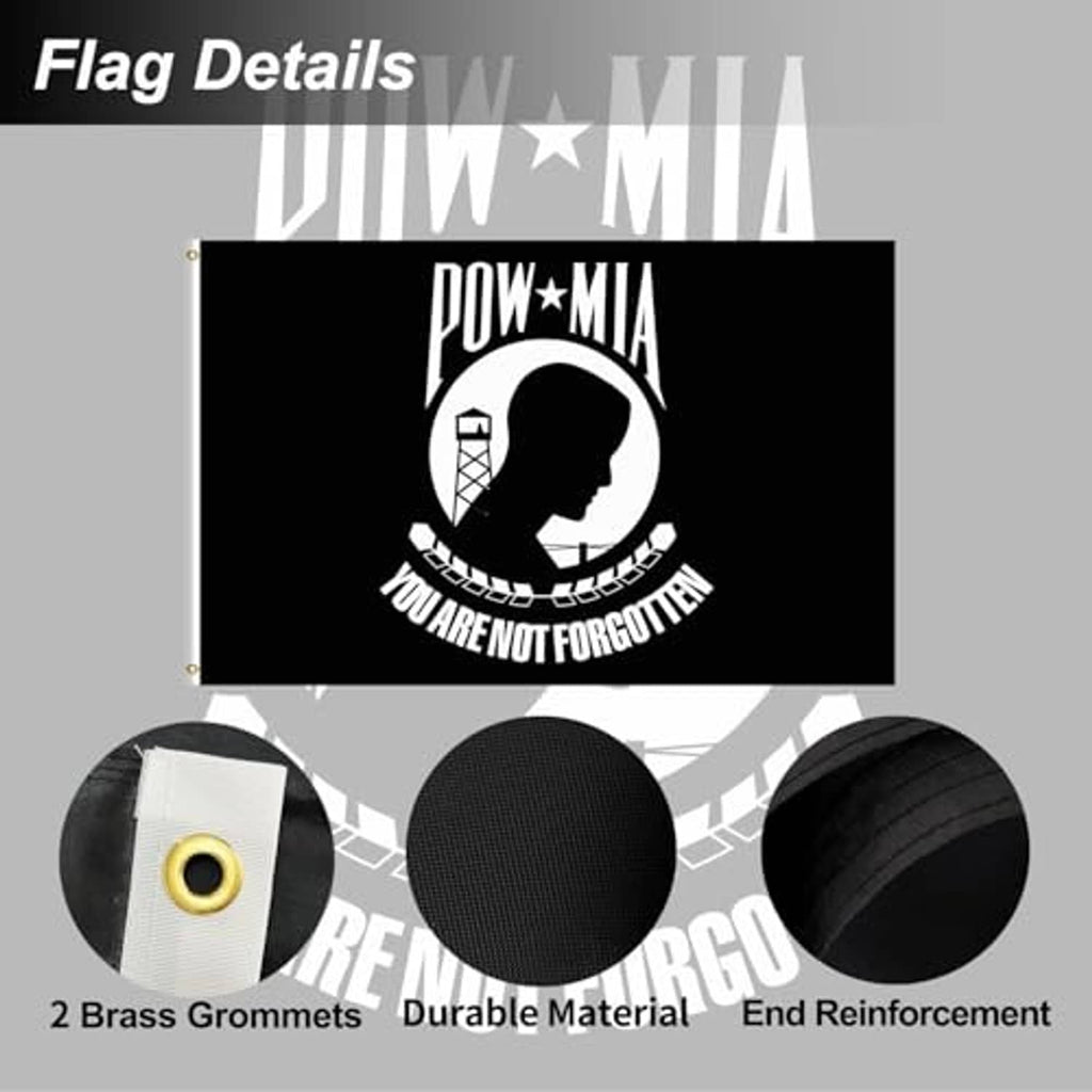 Black POW*MIA flag features: 2 brass grommets, durable fabric, reinforced ends