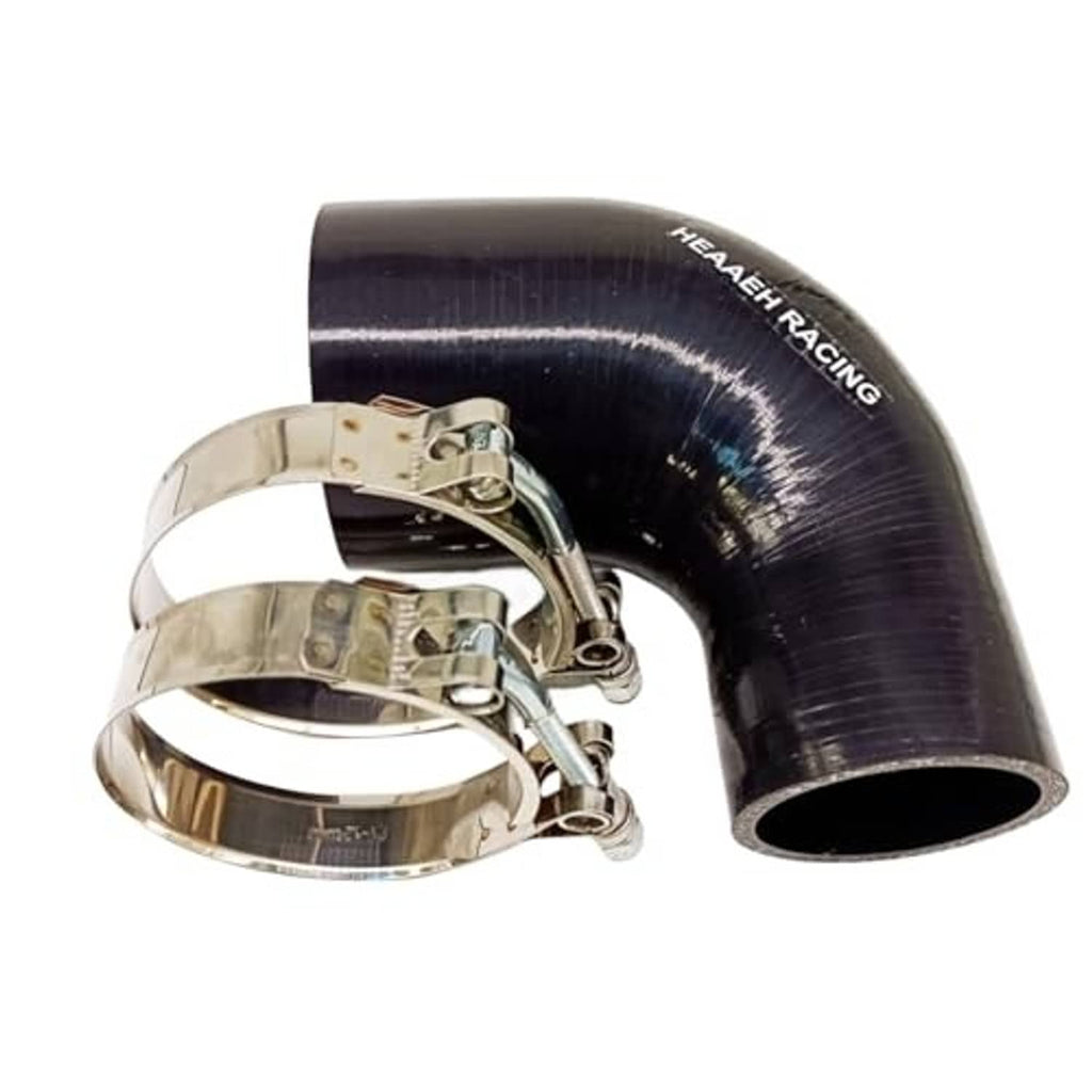 90-degree black silicone hose reducer with clamps; HEAAEH RACING