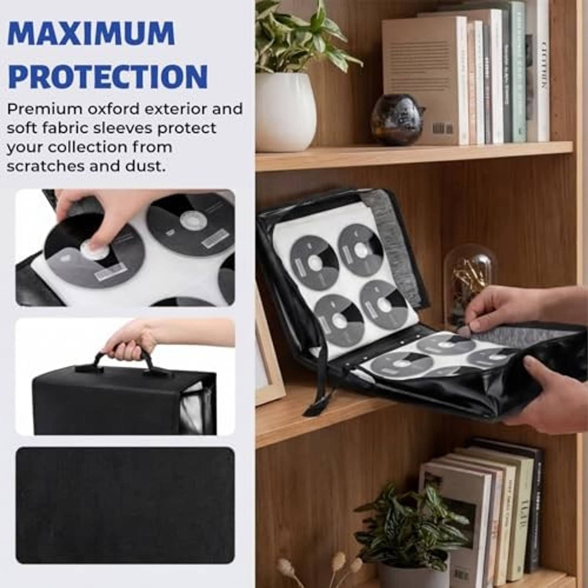 Black CD/DVD binder with zipper opened to hold disc sleeves
