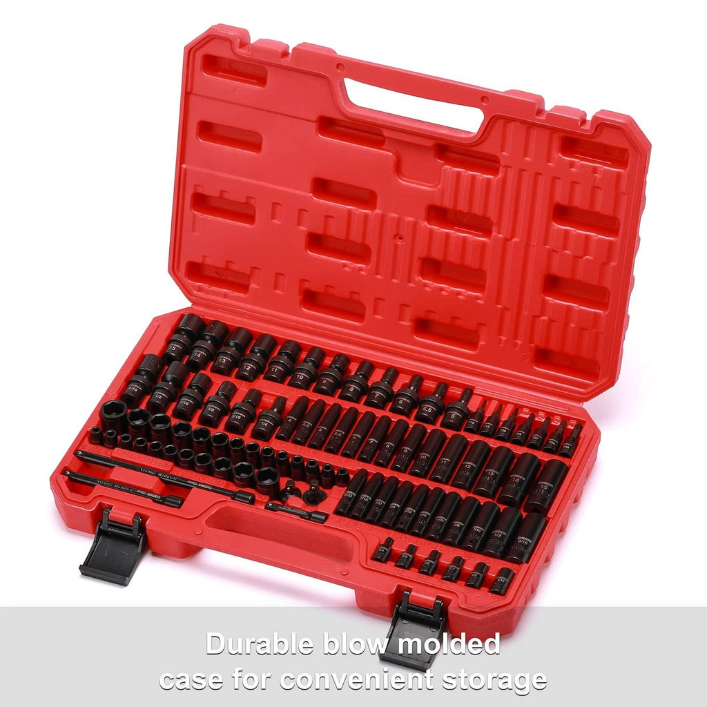 Impact socket set in red blow-molded case with neatly arranged black sockets