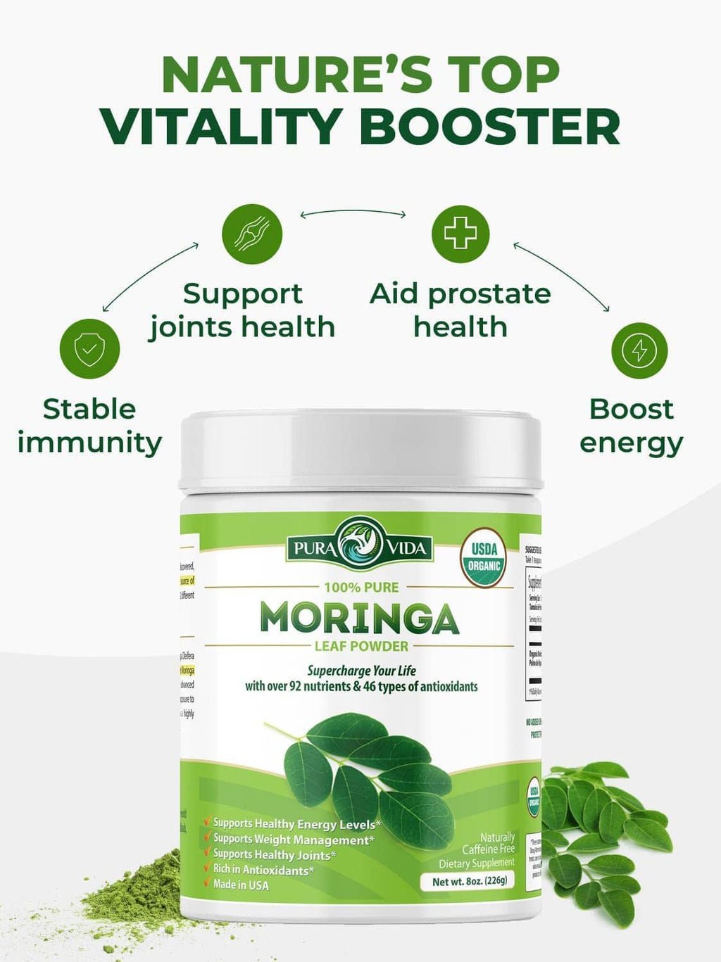 Moringa leaf powder jar with health icons and moringa leaves, USDA organic
