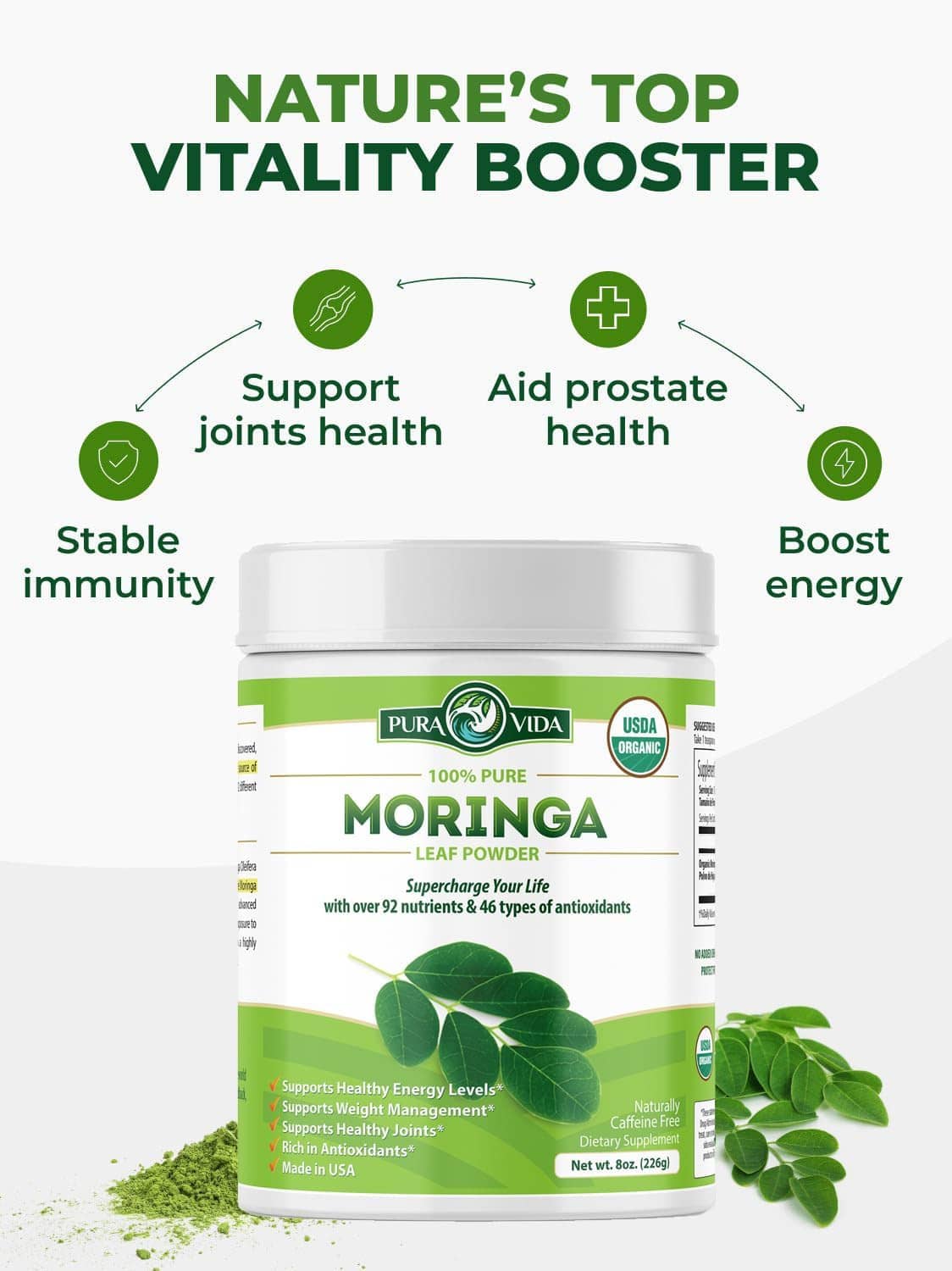 Moringa leaf powder jar with health icons and moringa leaves, USDA organic
