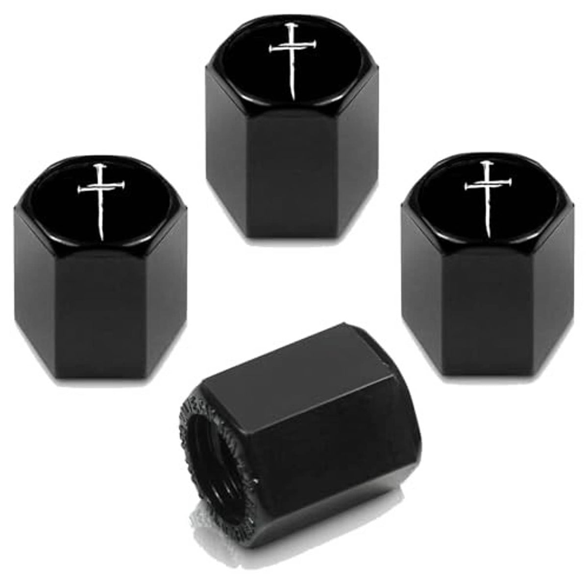 Black valve stem caps with silver cross symbol, four-piece set with one angled cap