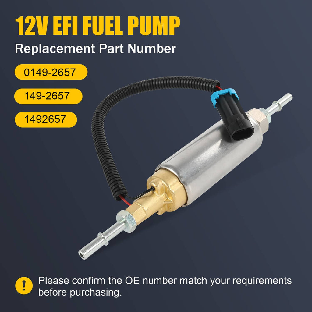 12V EFI fuel pump with metal cylinder and brass end, black wiring harness, blue plug
