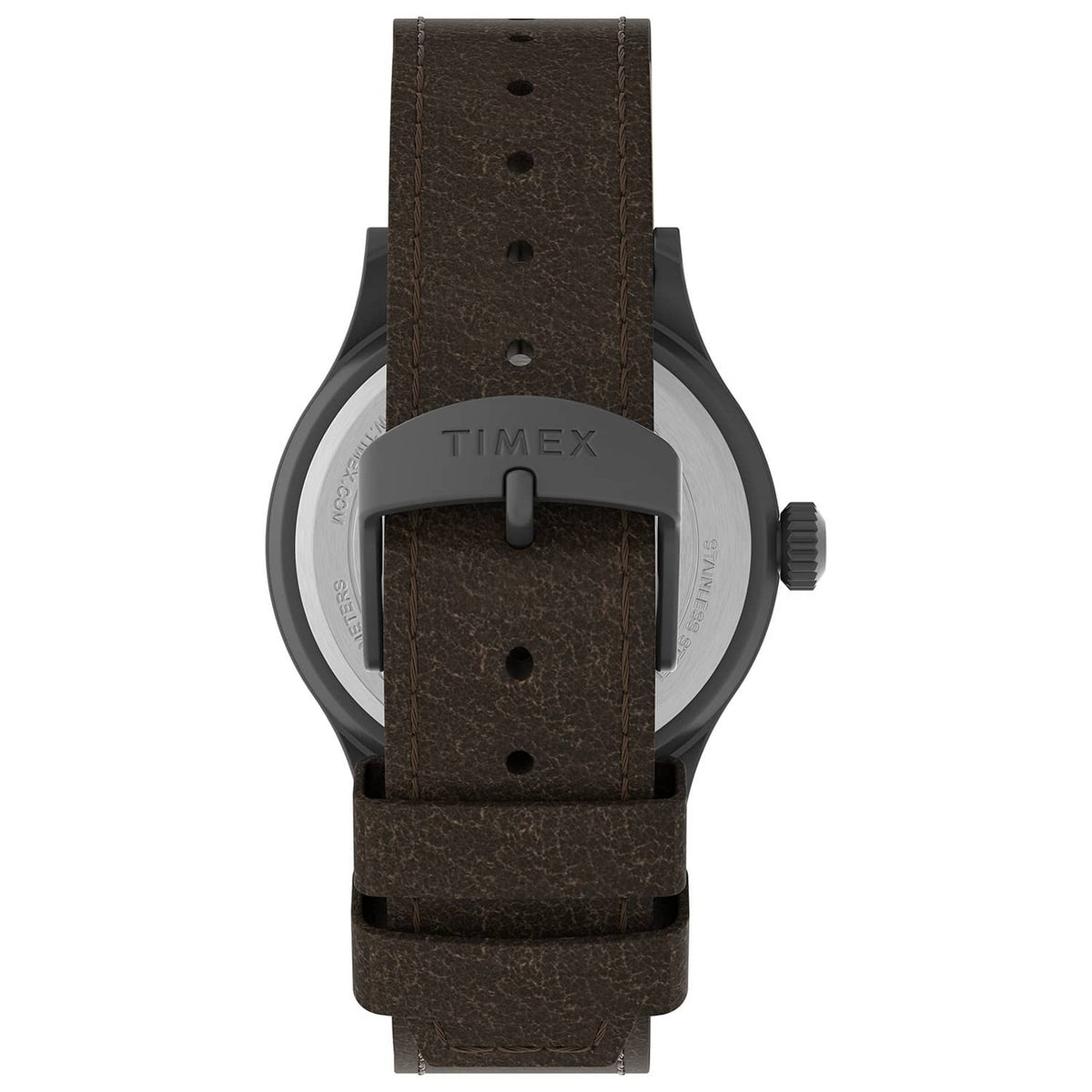Front view of brown leather watch strap with gray case and crown on side
