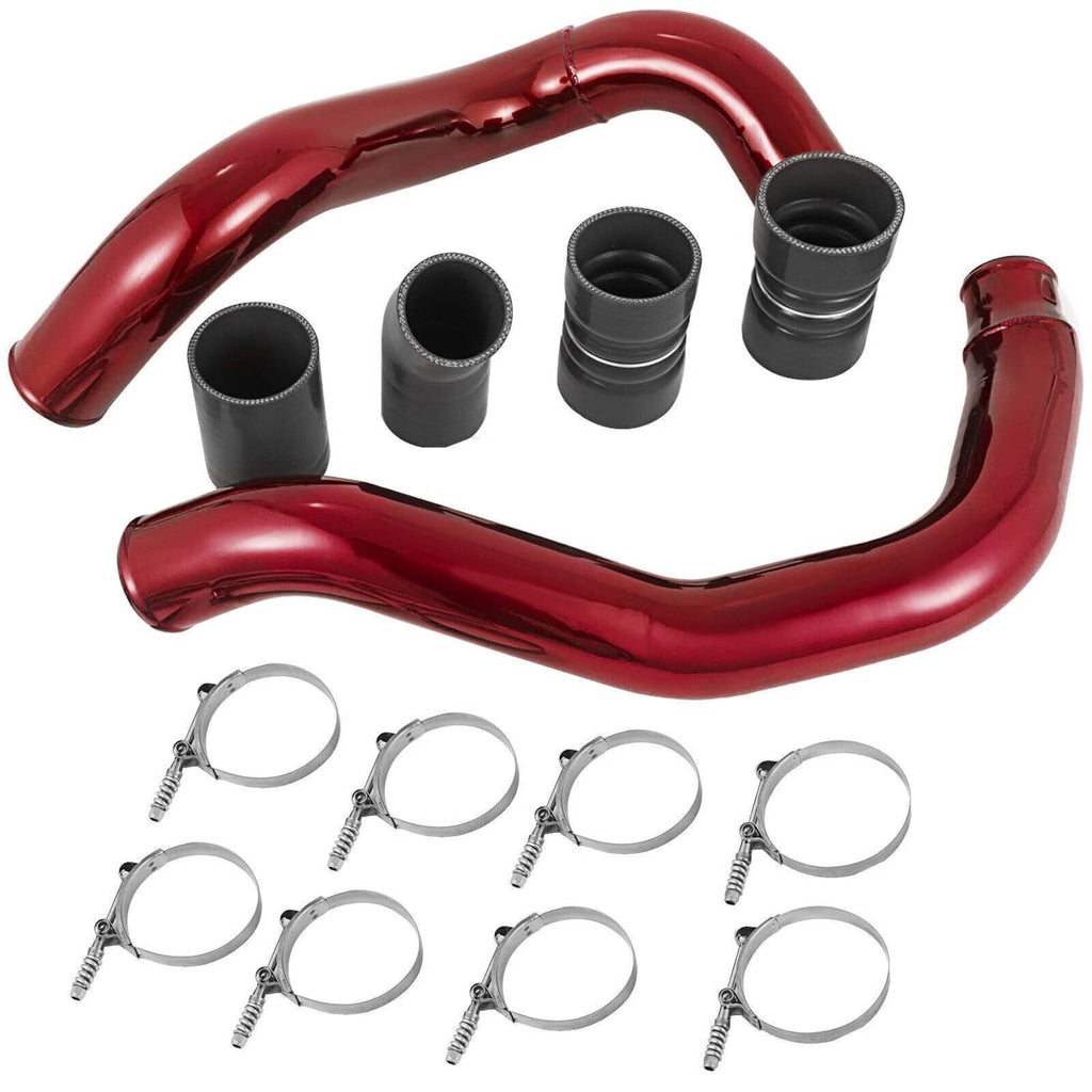 Red intercooler pipe boot kit with silicone hoses, black sleeves, and metal clamps