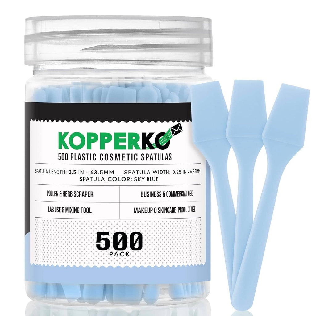 Mini plastic skincare spatulas, sky blue, shown in a clear storage jar pack