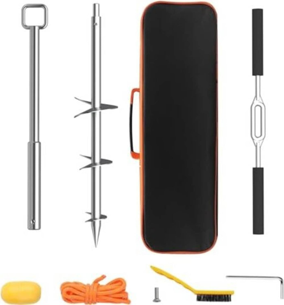 Boat sand anchor kit: stainless screw poles, auger tip, orange buoy, black carry case, tools