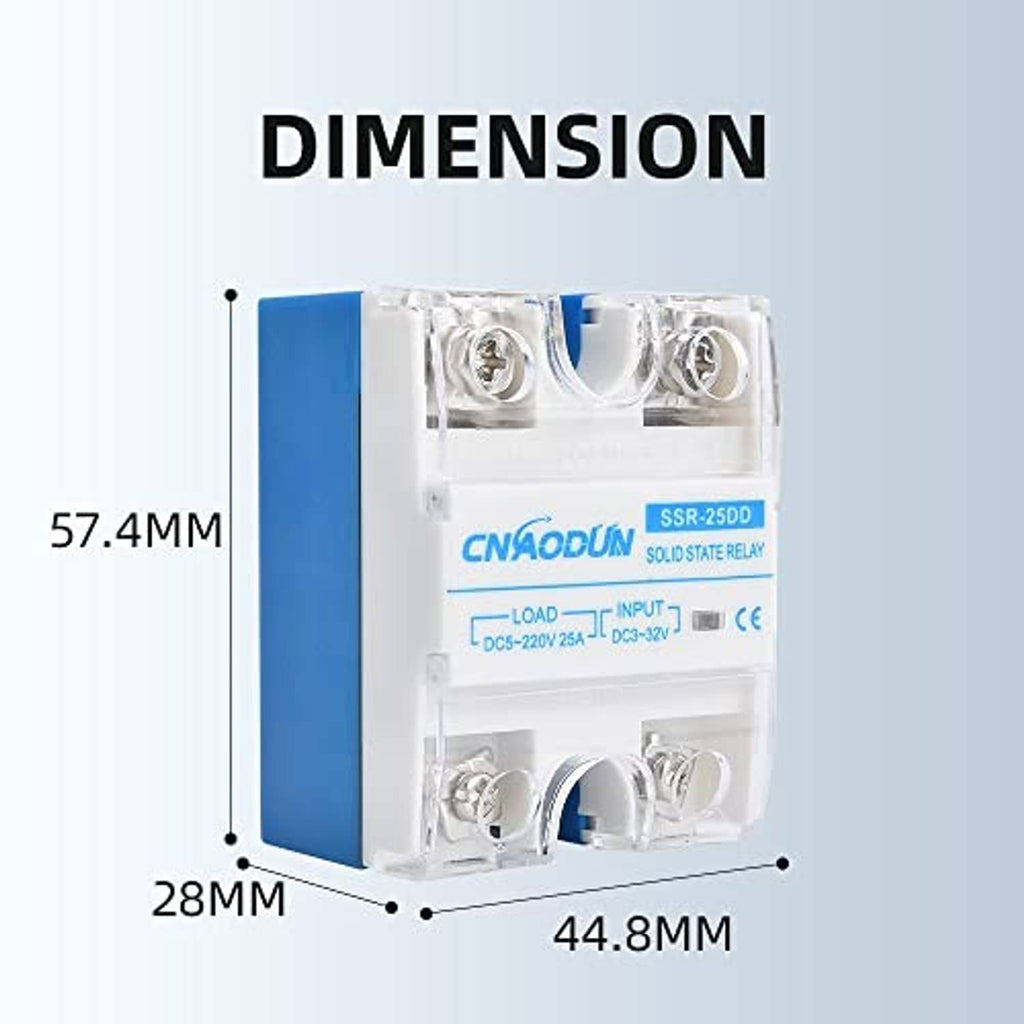 Solid state relay dimensions view with blue heat sink, clear terminal cover