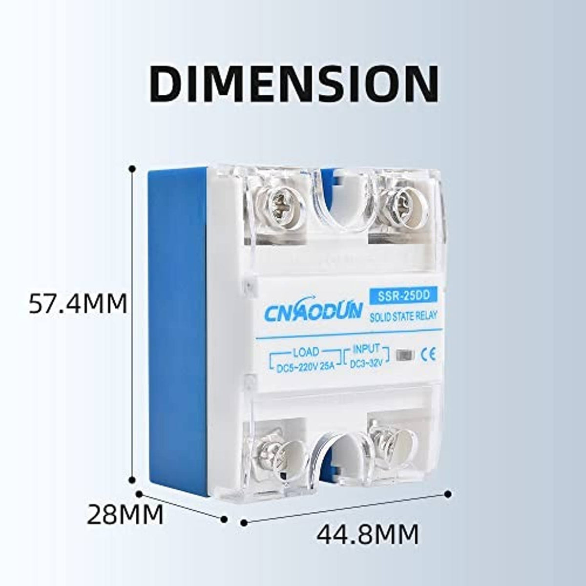 Solid state relay dimensions view with blue heat sink, clear terminal cover