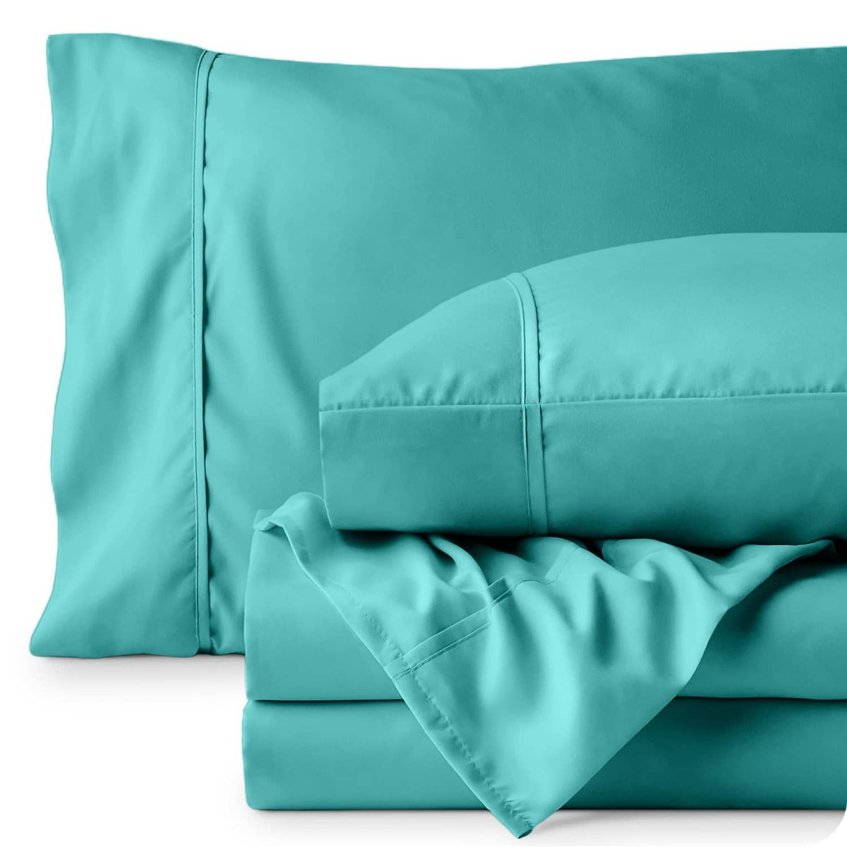 Turquoise twin bed sheet set: flat sheet, fitted sheet, and 2 pillowcases