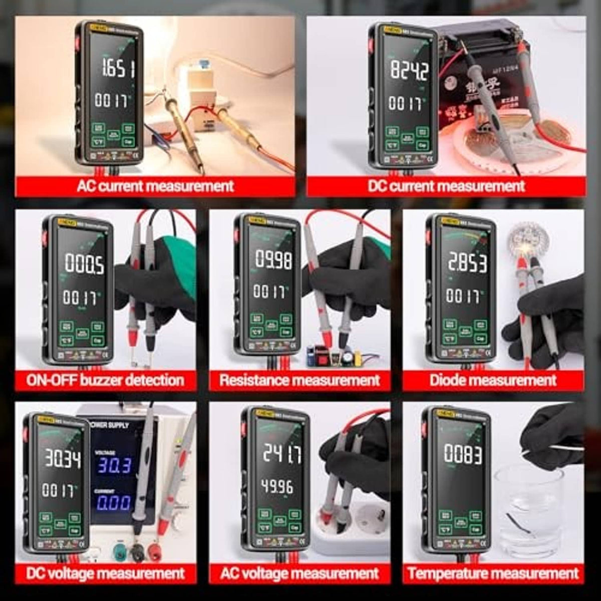 Black smart digital multimeter displaying readings with multiple measurement test probes