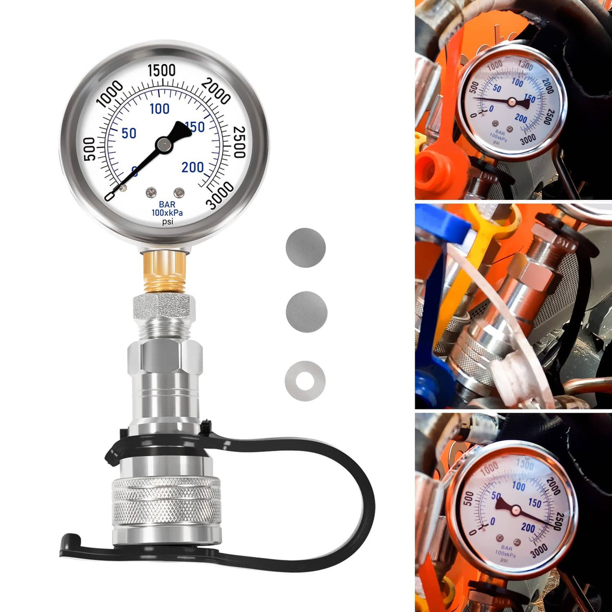 Hydraulic pressure gauge kit with round dial, metal fittings, and black mounting hose