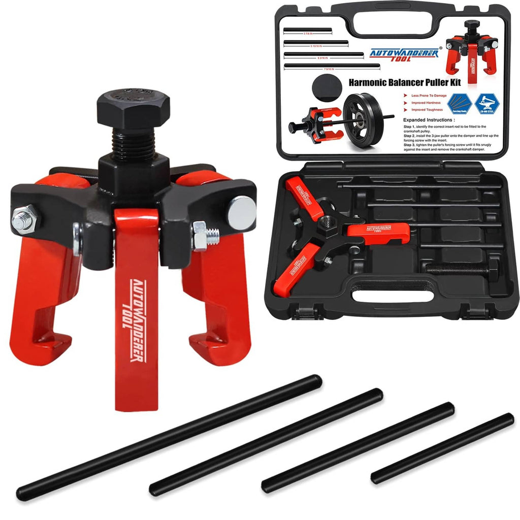 3-jaw harmonic balancer puller kit with red/black forcing rods and carry case