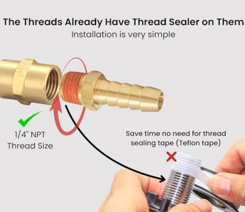 Brass 1/4 in NPT male threaded hose barb fitting with red thread sealant