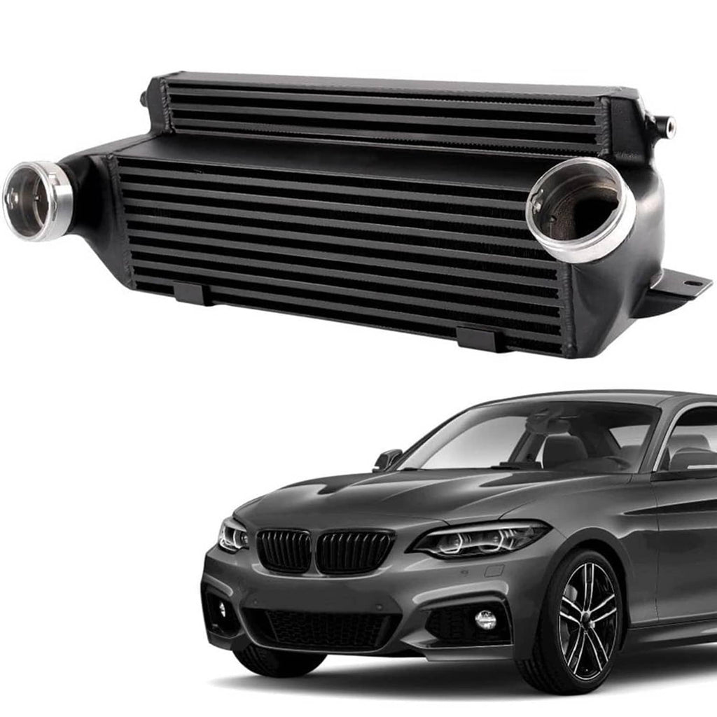 Front-mount intercooler kit installed on a BMW-style coupe nose
