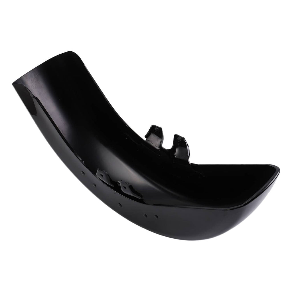 Black front fender underside view with mounting tabs and drilled holes