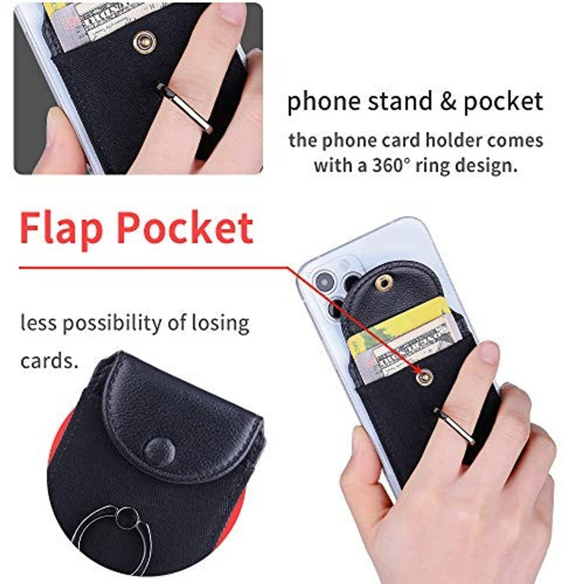 Black flap phone card holder with metal ring stand for cards.
