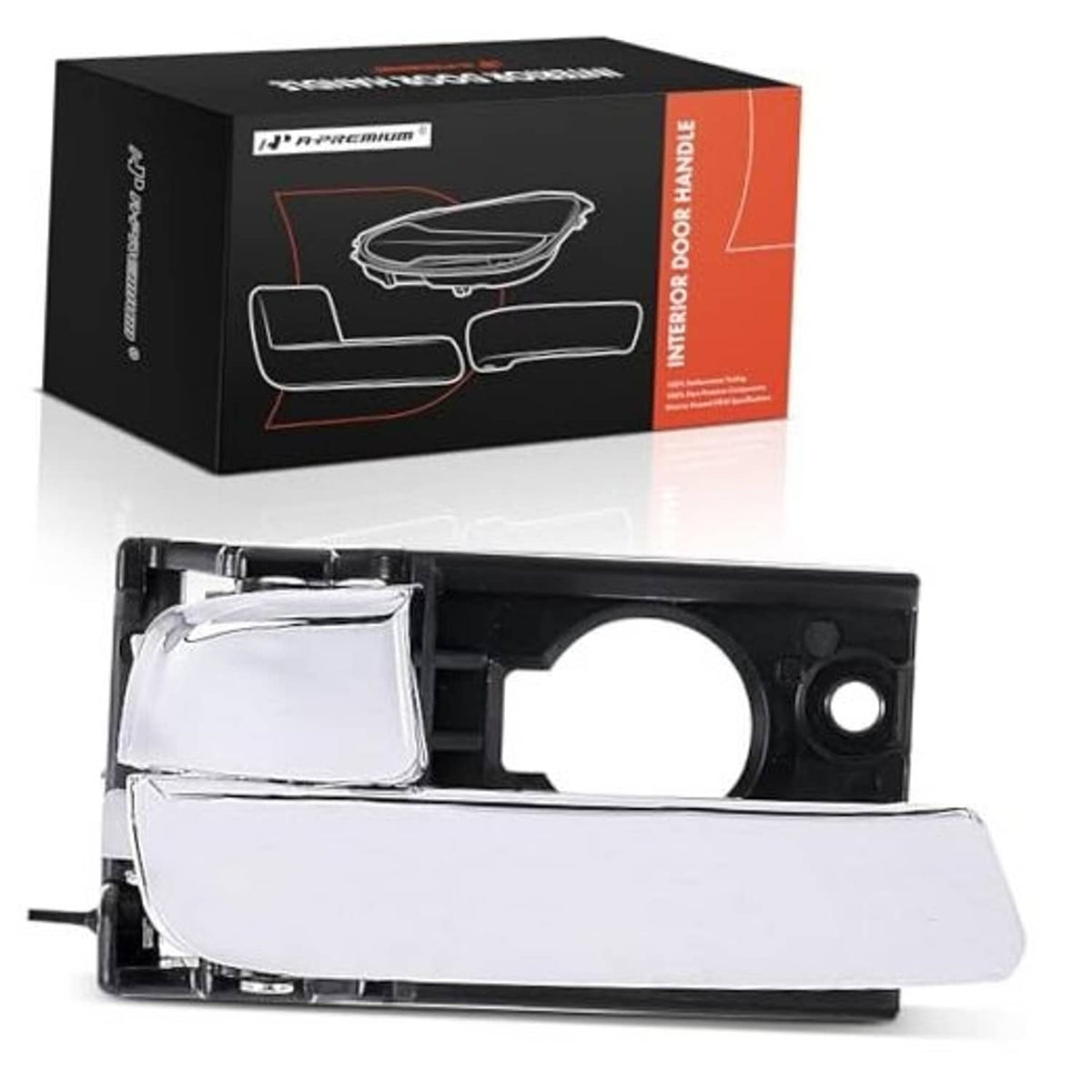 Rear left interior door handle with chrome lever and black housing, shown with box