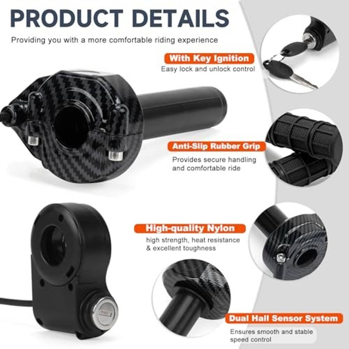 Key-ignition throttle grip with carbon-fiber sleeve and anti-slip rubber grips