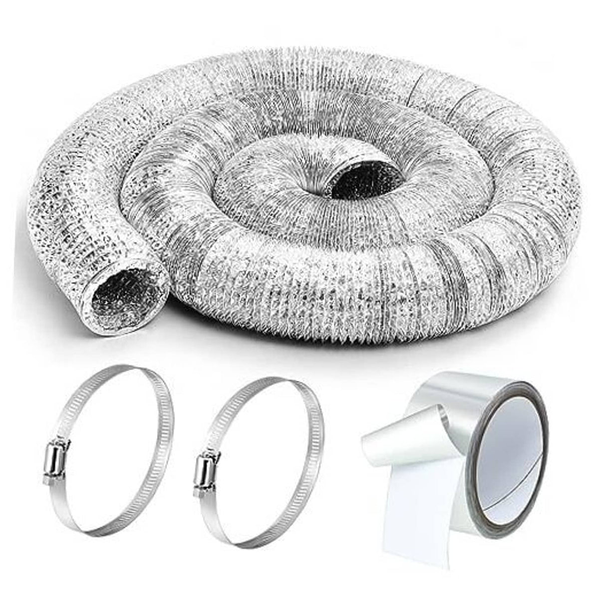 Silver flexible aluminum foil dryer vent hose, coiled with metal clamp rings