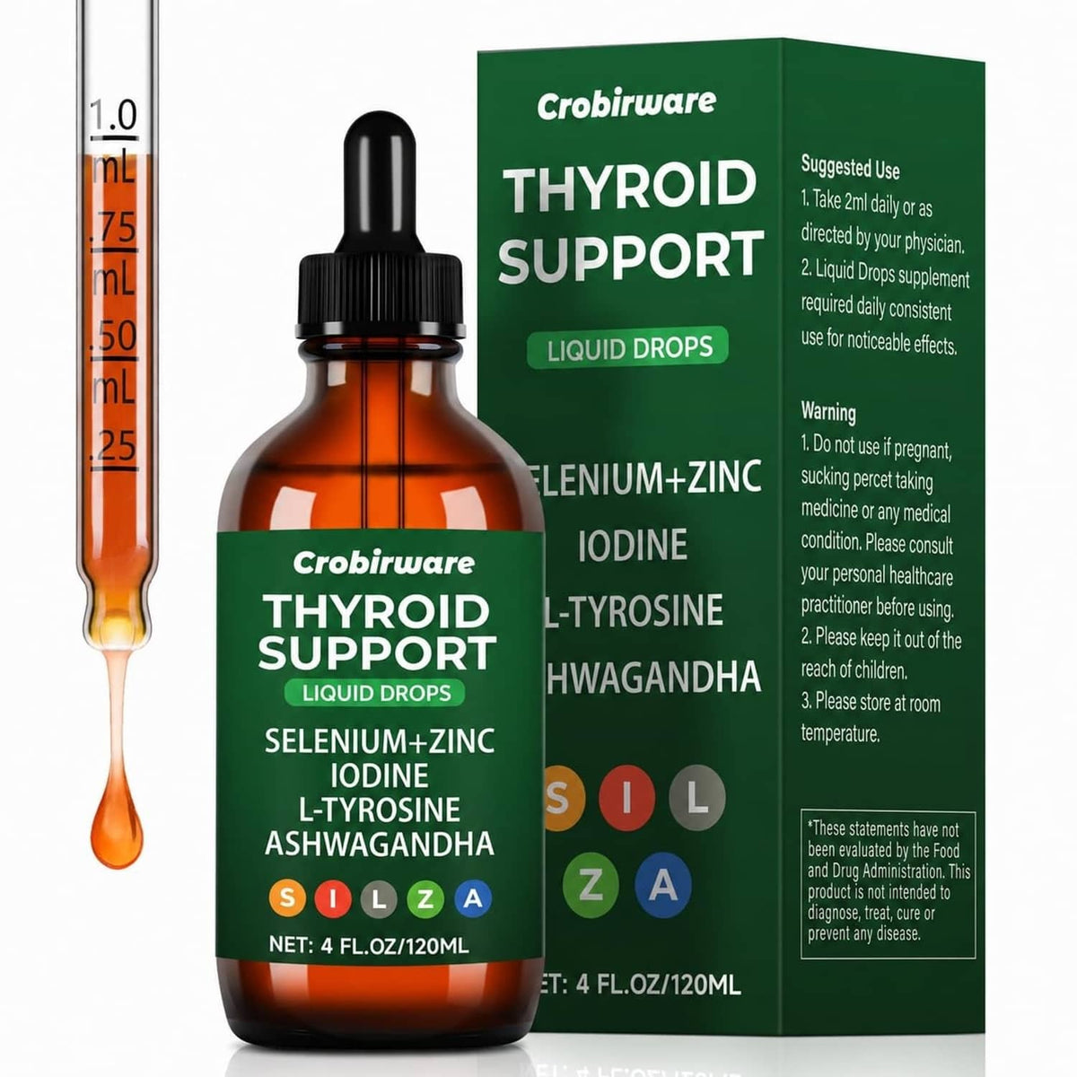 Amber liquid drops bottle with black dropper and green Thyroid Support label