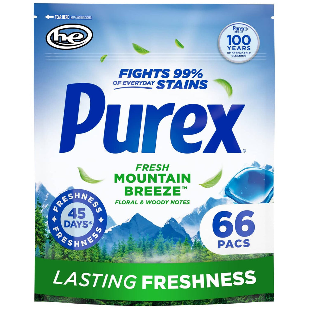 Purex 66-pack detergent pouch with Fresh Mountain Breeze and freshness badge