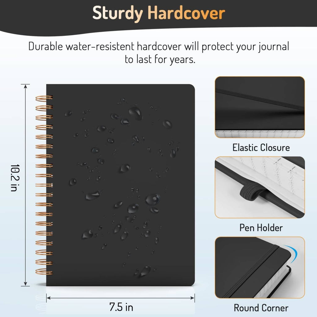 Black hardcover spiral notebook with elastic closure, pen holder, and round corners