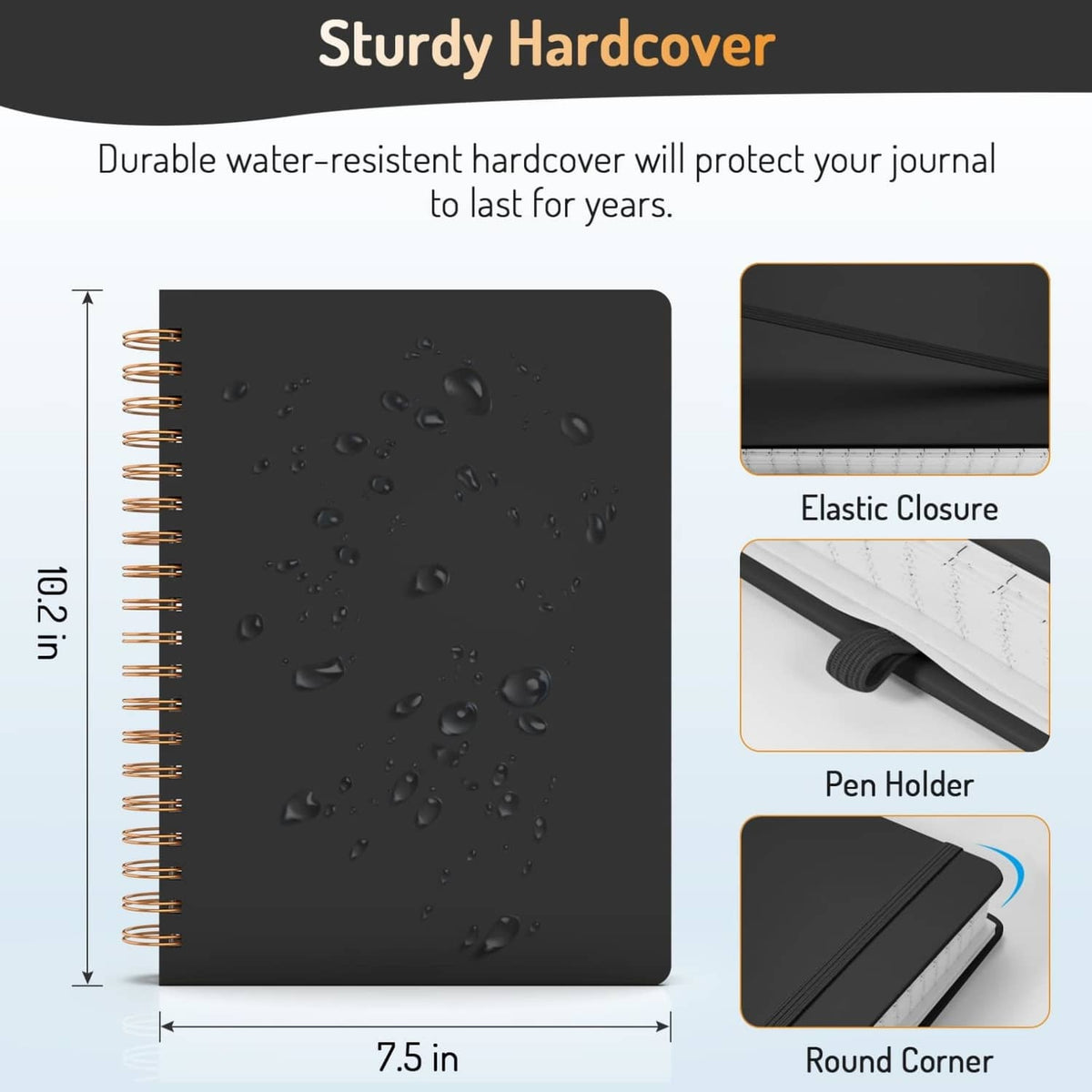 Black hardcover spiral notebook with elastic closure, pen holder, and round corners