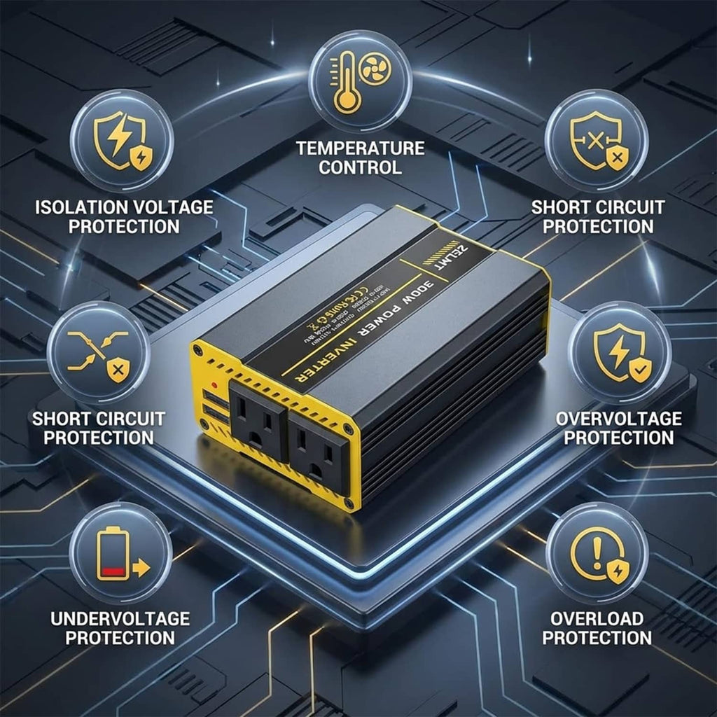 ZELMT 300W inverter with safety protection labels on black and yellow housing