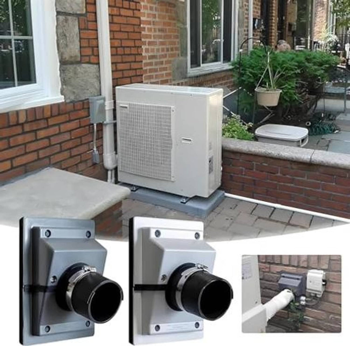 Gray HVAC wall penetration cover plate with black insulated connector, multiple angles