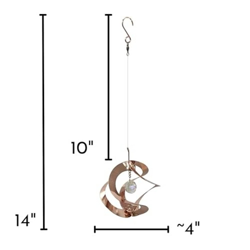 Copper wind spinner with curled metal blades and hanging prismatic crystal charm