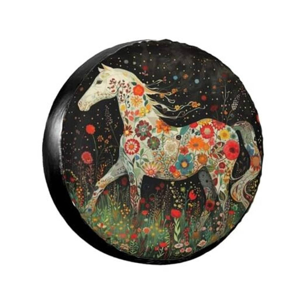 Black spare tire cover with colorful floral horse artwork, round padded design