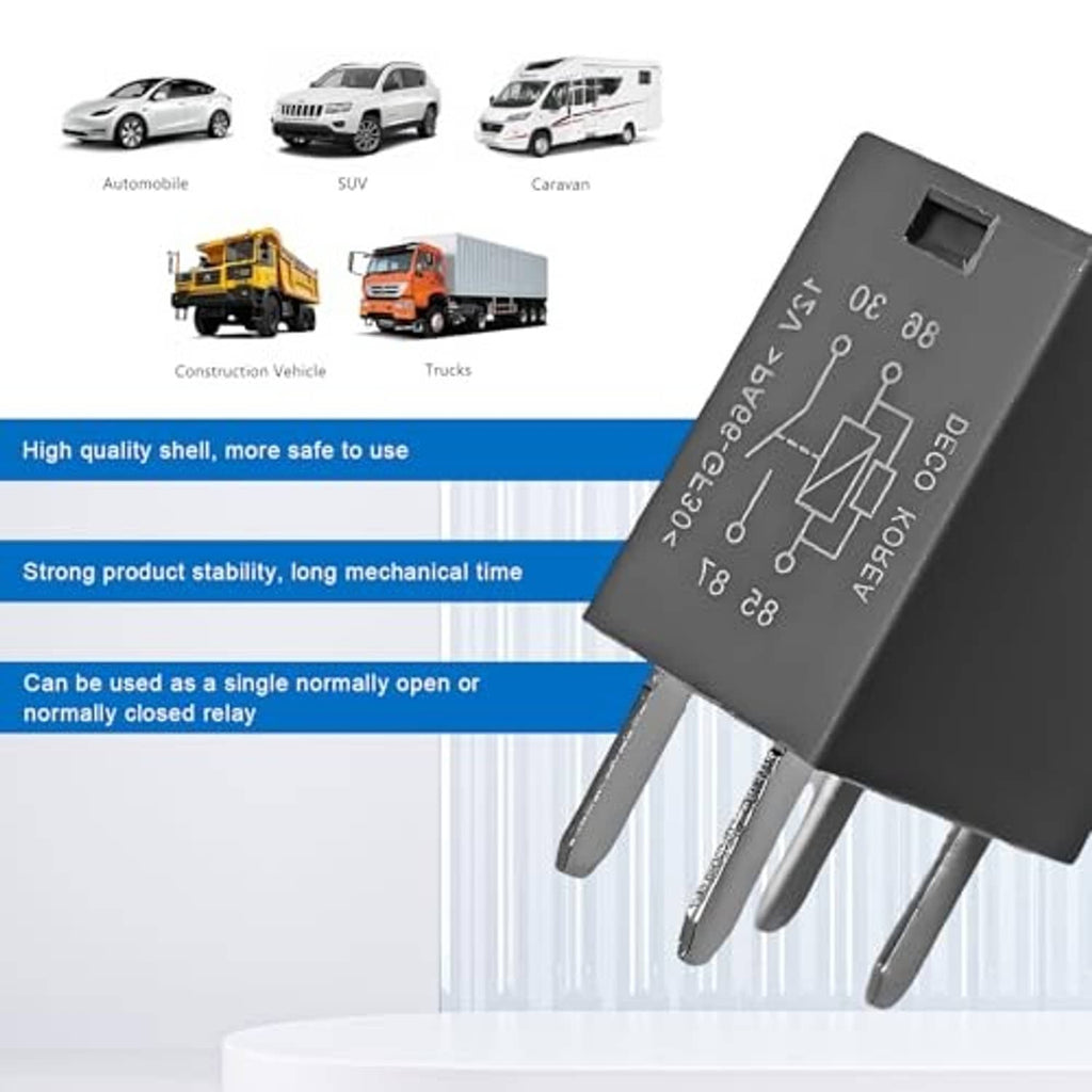 Car AC relay module, gray cube body with printed diagram and four metal pins