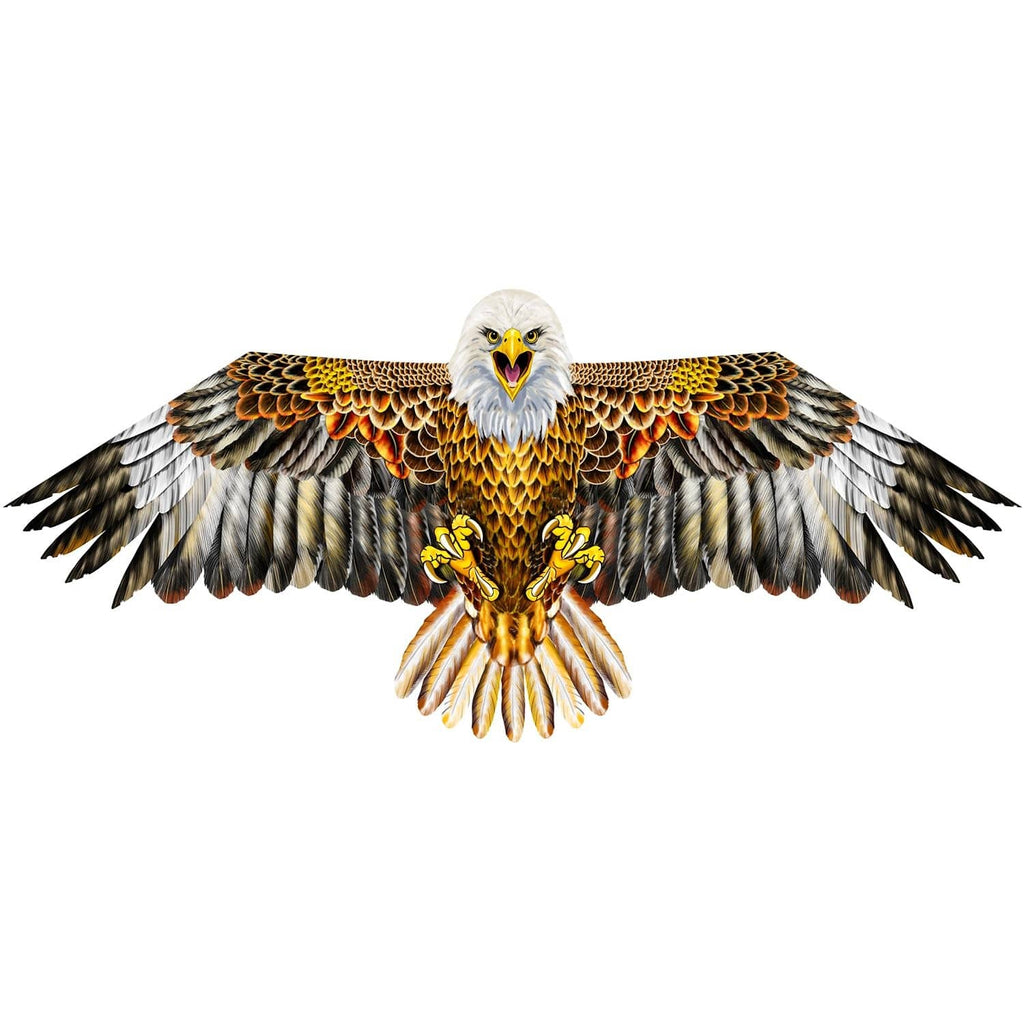Eagle kite with brown feather wings, orange chest markings, and white head
