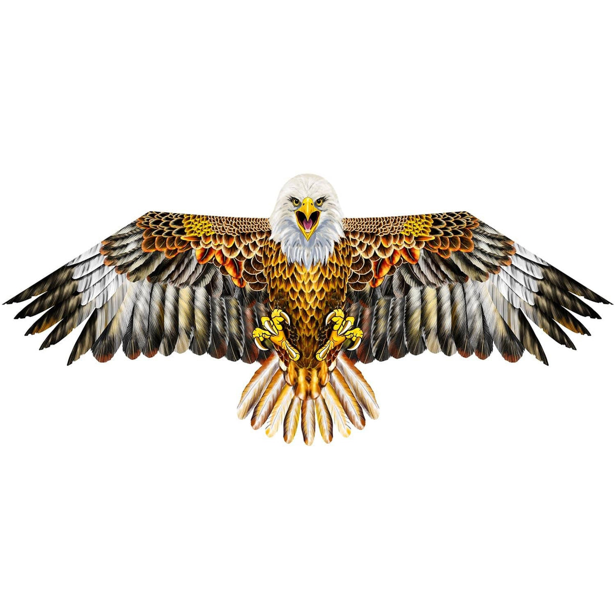 Eagle kite with brown feather wings, orange chest markings, and white head