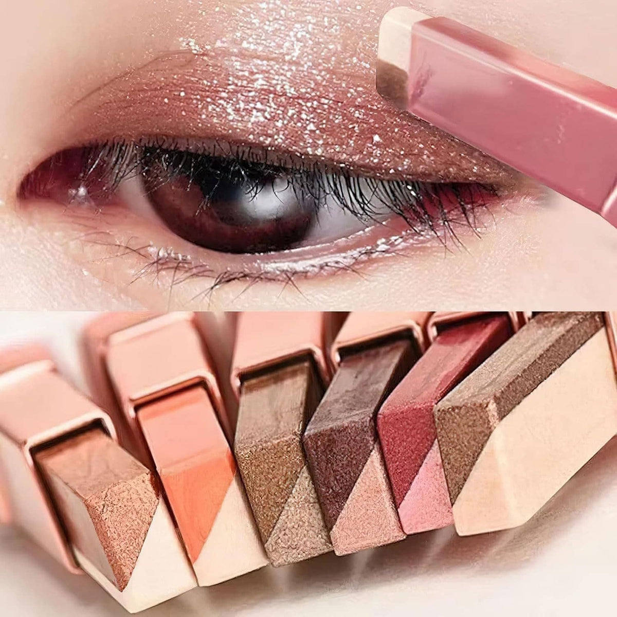 Close-up eye shimmer with two-tone glitter eyeshadow sticks lined along the bottom