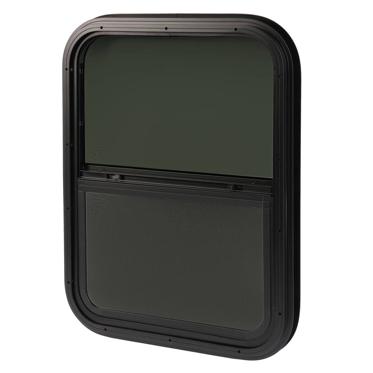 Black RV window housing with dark two-pane screen insert
