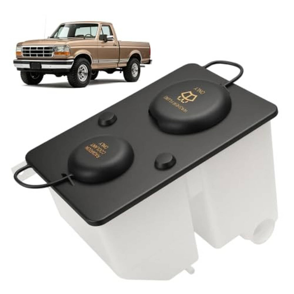 Coolant and washer fluid reservoir tank with two black caps and side pull handle
