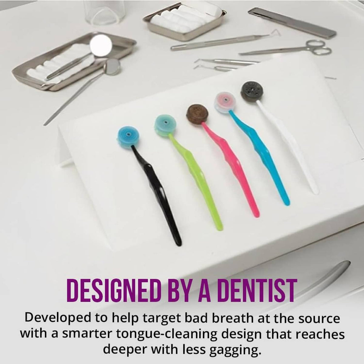 Assorted tongue brush and gel tools on a tray, with colorful brush heads