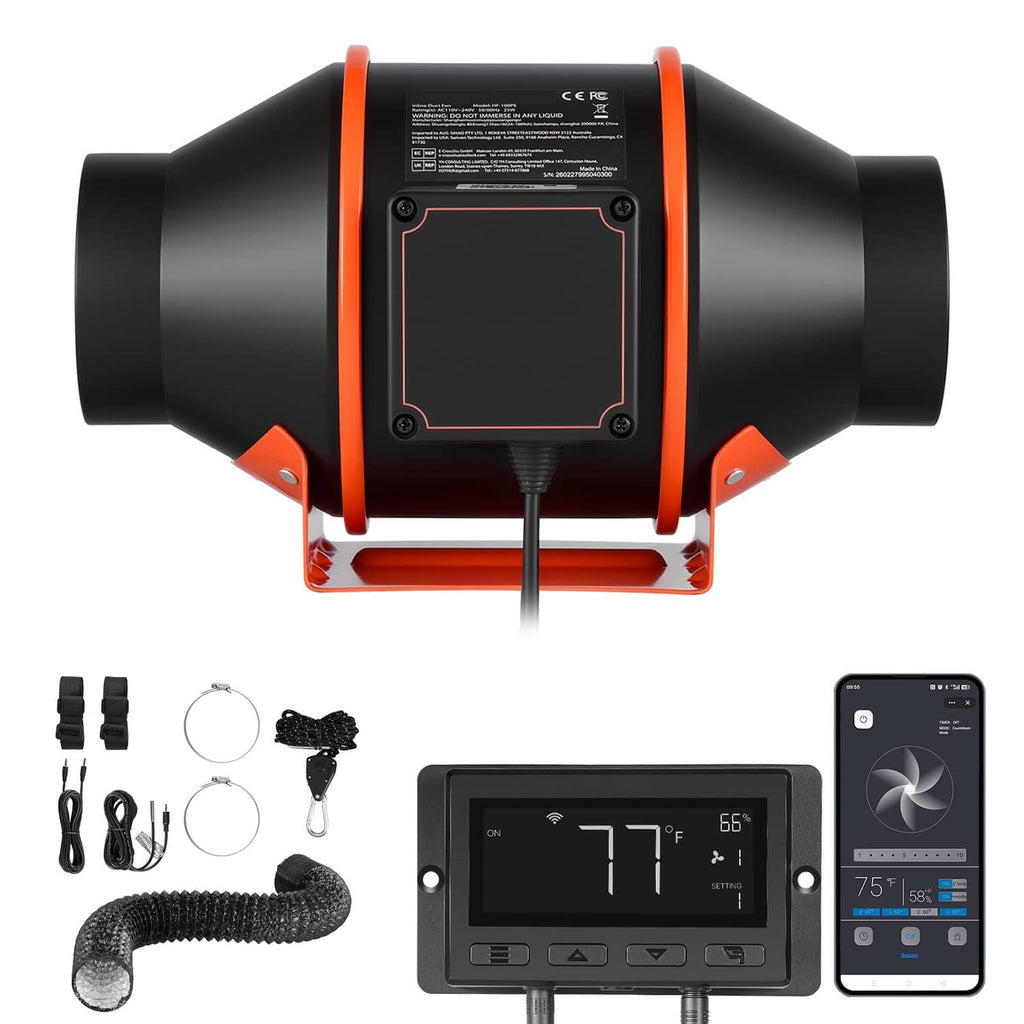 Black inline duct fan with orange frame, front panel display, and bundled accessories