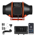 Black inline duct fan with orange frame, front panel display, and bundled accessories