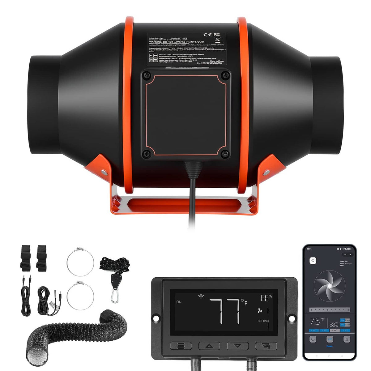 Black inline duct fan with orange frame, front panel display, and bundled accessories