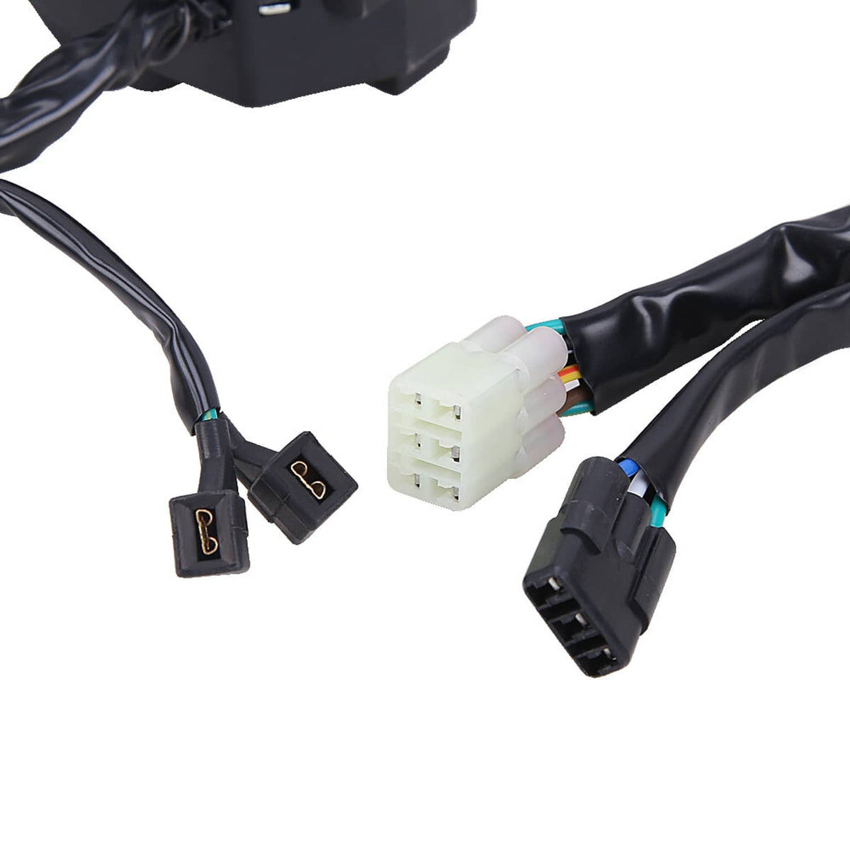 Wiring harness connectors with white plug and black multi-pin socket ends