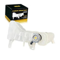Engine coolant reservoir tank in white plastic with round cap and breather valve