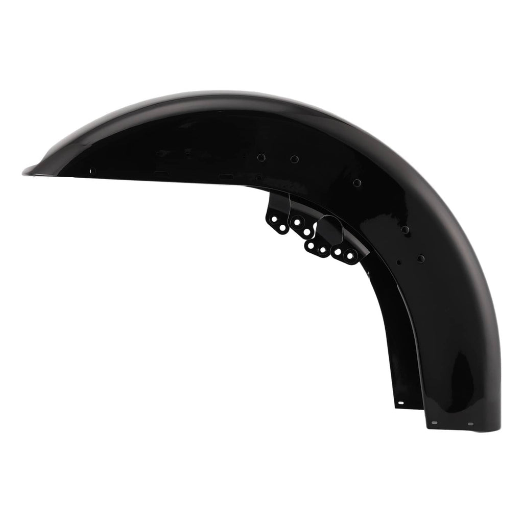 Glossy black front motorcycle wrap fender with inner bracket plate and mounting holes