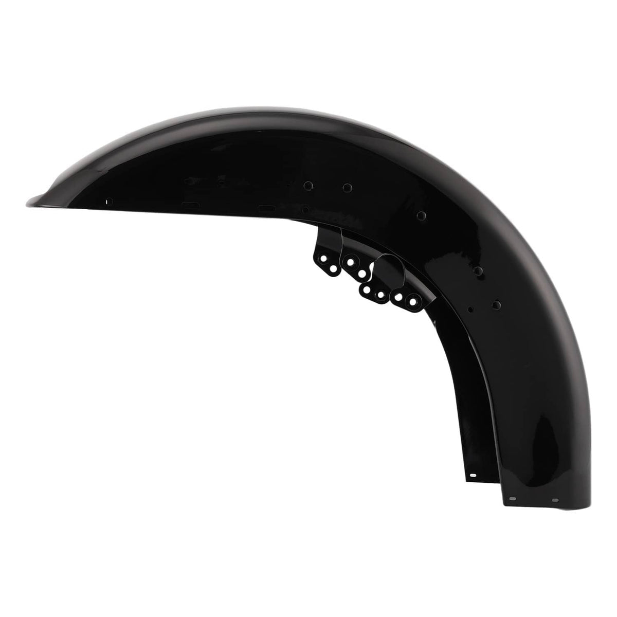 Glossy black front motorcycle wrap fender with inner bracket plate and mounting holes