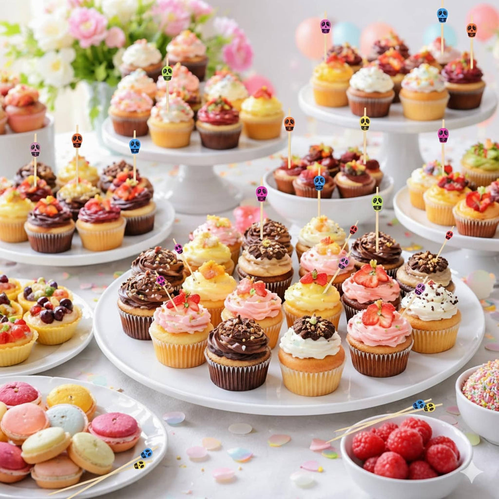 Colorful bamboo skull toothpicks on mini cupcakes and assorted bite-size desserts