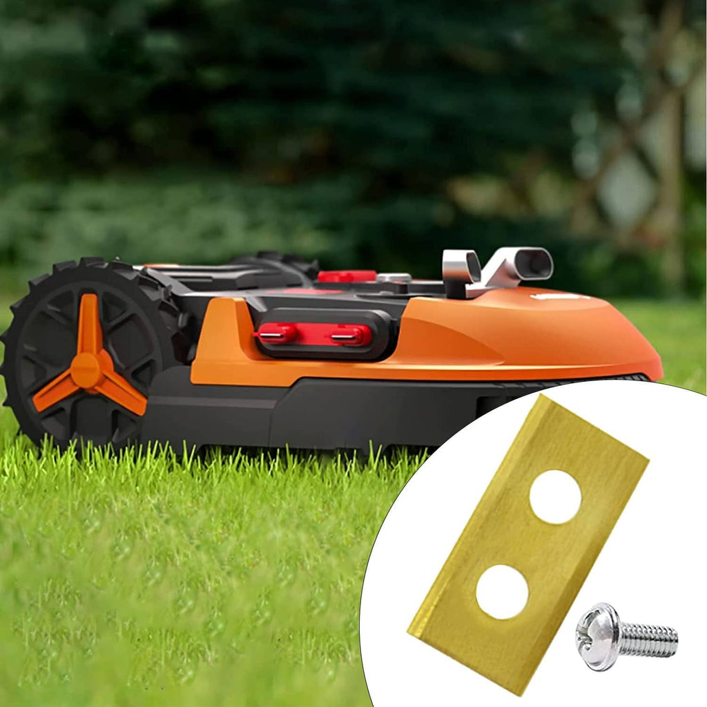 Gold robotic mower replacement blades with screws, near lawn mower on grass