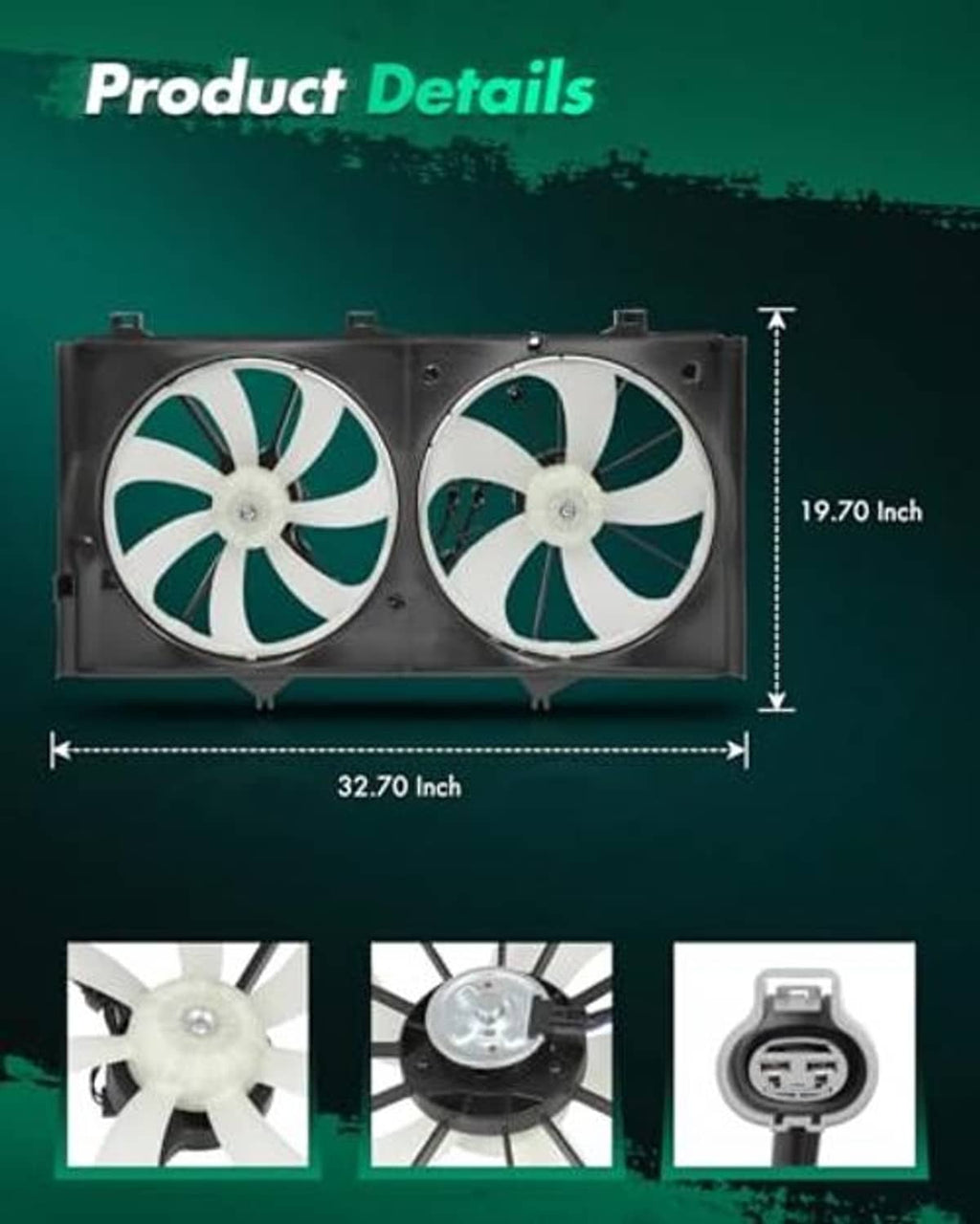 Radiator fan assembly with two cooling fans and mounting brackets, size graphic